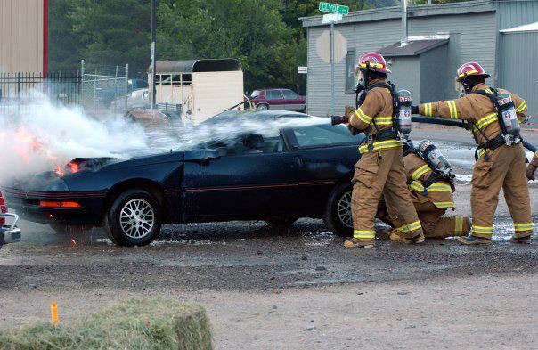Dousing a car fire